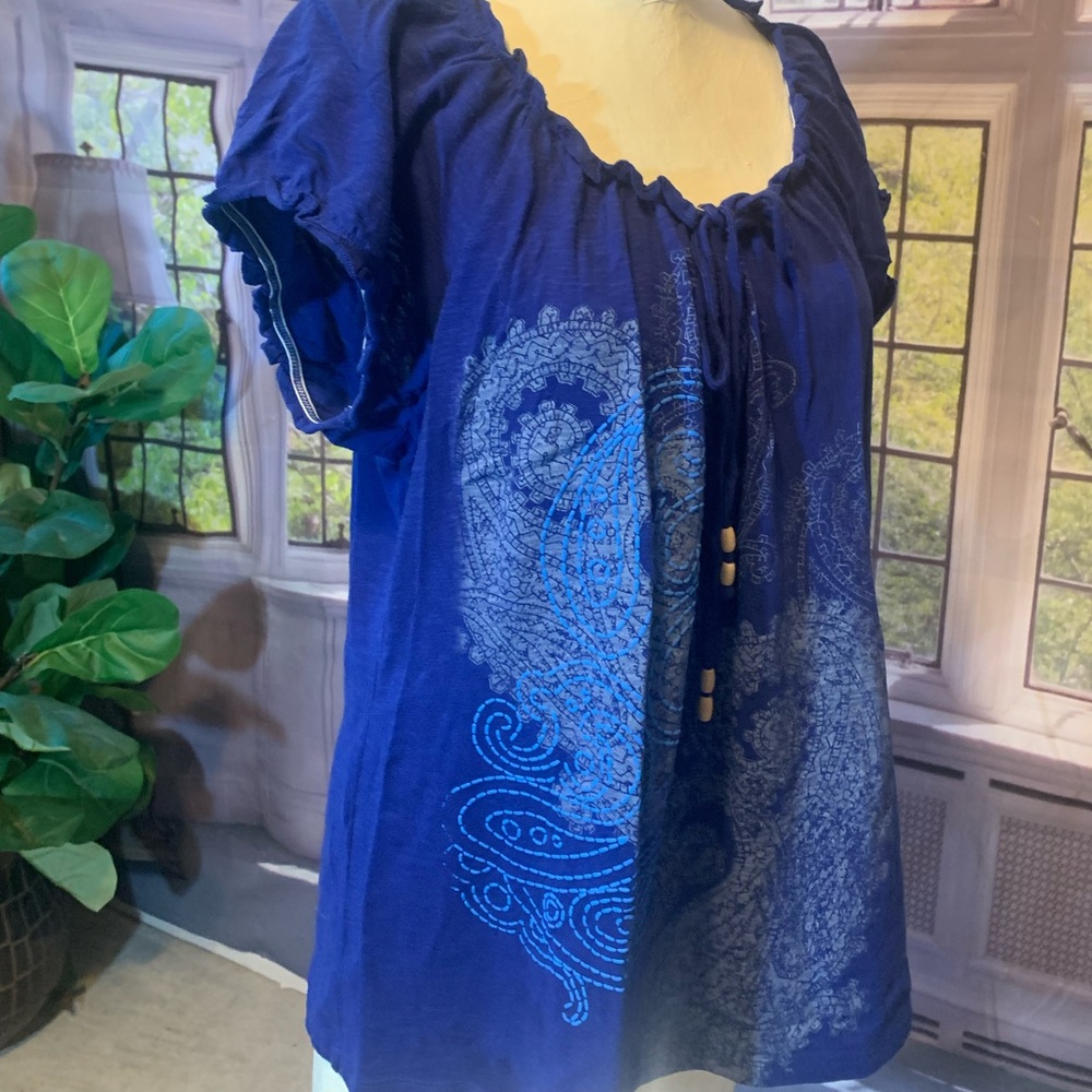 Appropriate Behavior Peasant Top Blue Ties Beads Scallop Neck Paisley Bohemian